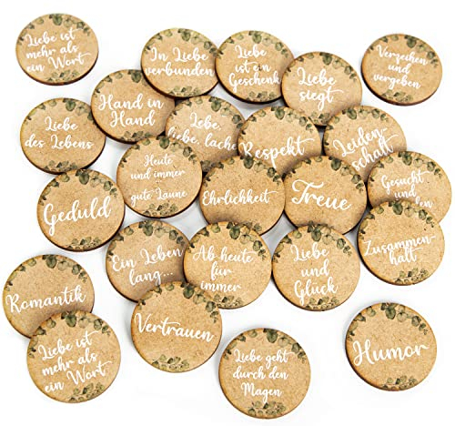 Logbuch-Verlag 24 Hochzeitsdekoration Streudeko Eukalyptus Holztaler mit Sprüchen Liebe Hochzeit Tischdeko braun grün 4 cm