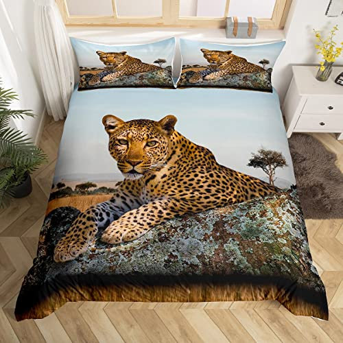 Leopard drucken Bettwäsche Set wilde Tiere Leopard drucken Bettbezug Set Wiese Tier Motiv Bettwäsche 135 x 200 Junge Teenager Bett Bettwäsche mit 1 Kissenbezug 80x80cm für Kinder Jugendliche