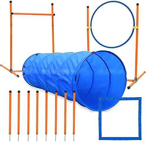 Generic Hunde Agility Ausrüstungs Set für Spaß Beim Haustier Training 1,8 M Tunnel Verstellbare Hürden Sprung Ring 8 PCS Slalomstangen Indoor Outdoor Hindernis,Orange,60cm