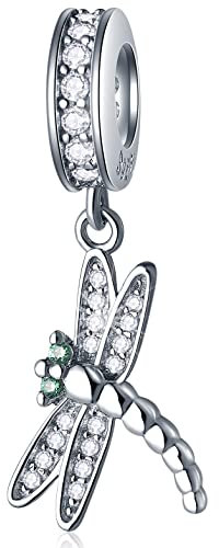 Green-eyed Dragonfly Pendant Charms-fit Pandora Insect Bracelet/Necklace, 925 Sterling Silver Sparking CZ Libelula Dangle Beads, Gift for Granddaughter/Sister in Law/Grandson