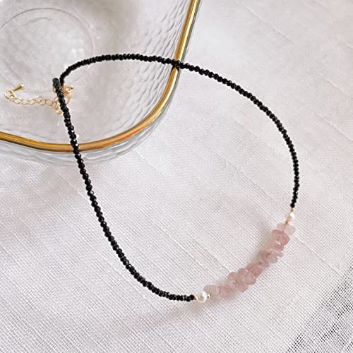 Black Obsidian Stone Choker Pearl Lapis Fluorite Gravel Chips Natural Crystal Necklace,Rose Quartz