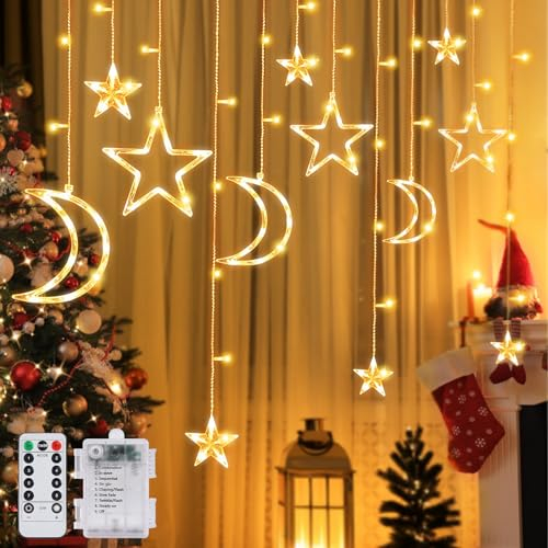 Herefun Stern Mond LED Lichterketten, 3.5m Weihnachtsbeleuchtung Innen, Stern Mond Lichtervorhang Lichterkette LED Fenstervorhang Lichter Sternenvorhang Dekorative Lampe für Party, Weihnachtstag