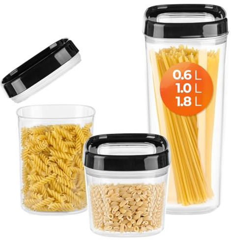 KADAX Récipients à provisions, boîte de Rangement Transparente en Plastique, boîte à provisions hermétique avec Couvercle, boîtes verseuses pour Farine (Set de 3 : 600ml+1000ml+1800ml, Noir)