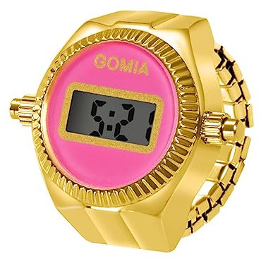 JewelryWe Ringuhr Fingeruhr Damen Digitaluhr - Gold Runde Digital Elastisch Edelstahl Ring Uhr Frauen Fingerringuhr Uhrenring mit Kalender, Stoppuhr und Rosa Zifferblatt