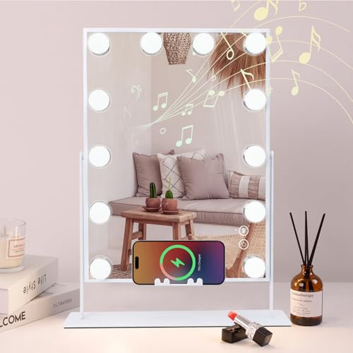 COOLJEEN Vanity Mirror with Lights and Bluetooth, 12 LED Light Up Makeup Mirror with Detachable 10X Magnifying Mirror, 3 Color Lights Hollywood Mirror, 360° Rotation