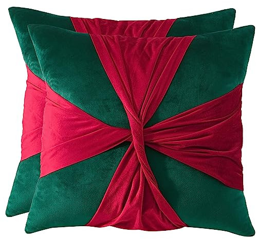 Tosleo 2er Set Weihnachten Kissenbezug aus Samt 45x45CM Rotes Band Dekokissen Deco Kissenbezüge Merry Christmas für Sofa Wohnzimmer Schlafzimmer Couch Party