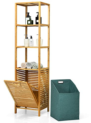 RELAX4LIFE Bamboo Laundry Basket, Tilt-Out Laundry Hamper with Removable Waterproof Liner, Freestanding Storage Laundry Bins Storage Shelf for Bathroom Laundry Room & Bedroom (3-Tier Shelf)