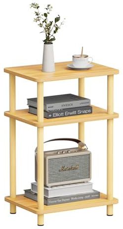 APICIZON 3-Tier Side Table, Narrow End Table with Storage Shelf, Bedside Table Nightstand for Small Spaces, Bedroom, Living Room, Entryway, Farmhouse, No-Tool Assembly, Oak