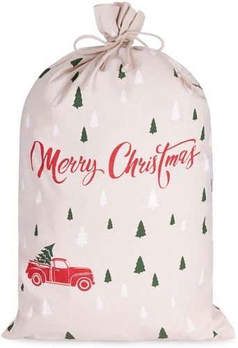 BRUBAKER Weihnachtssack Merry Christmas - Tannenbaum Wald mit Auto Rot - 80 cm Geschenksack Weihnachten - Nikolaussack Sack Baumwolle mit Kordel zum Verpacken von Geschenken - Weihnachtsbaum