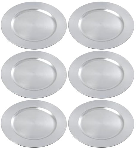 Acan Tradineur - Pack de 6 Bajoplatos Reutilizables Redondos de plástico, Plato Llano Decorativo, Bandeja para presentación de Dulces de Navidad, turrón, Pasteles (Plateado, Ø 33 cm)