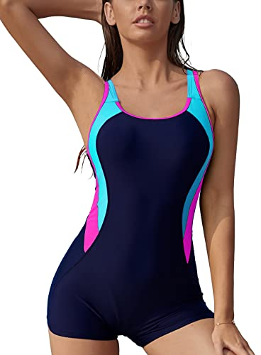 SHEKINI Maillot de bain une pièce athlétique pour femme Boyleg Color Block Sport Maillots de bain dos nageur, Bleu foncé + rose rouge, 34