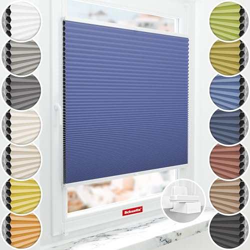 Schuette® Wabenplissee ohne Bohren ● Blackout x Honey ● Skyline (Blau) ● 115x120cm (Breite x Höhe) ● Suprafix Klemmhalter X ● 60 Sekunden Montage