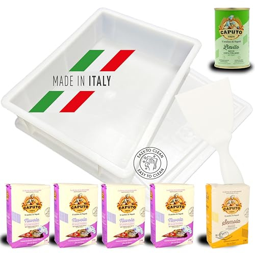 MIGASE Pizzaset (Pizzaset Neapel) 1x Pizzaballenbox mit Deckel (40x30x10cm), 4x1kg Caputo Nuvola, 1x1kg Caputo Semola, 1x Caputo Lievito, Teigspachtel