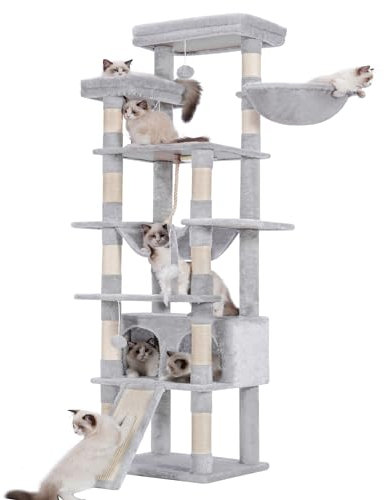 Heybly Árbol para Gatos, 200 cm de Altura Torre para Gatos, con 11 Postes, 2 Plataformas, 1 Cuevas, Cesta, Hamaca, 3 Pompón, Multinivel para Gatos Grandes, Gris Claro HCT033W