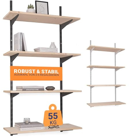 BOOMET Wandregal Metall mit Boden · Regal in 50 Varianten · Höhe: 150 cm · 2 Ebenen in 80 x 20 cm (B x T) · Farbe: Anthrazit · Wandschienen Regalsystem · Regalträger Schienensystem
