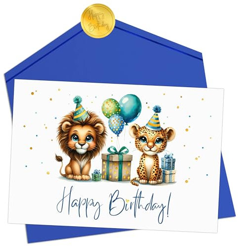 Joli Coon Geburtstagskarte Kinder Jungen - Premium Happy Birthday Geburtstagskarten für Kinder - Klappkarte mit Kuvert und goldenen Siegelsticker