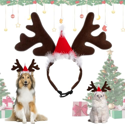 Weihnachten Haustier Stirnband, Rentier Haarreif Haustier, Haustier Kopfschmuck Haarreif, Haarreif mit Weihnachtsmütze, Geweih Weihnachtskostüm für Haustier Hund Geschenk