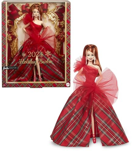 Barbie 2024 Urlaubspuppen Saisonales Sammlerspielzeug Signatur Plaid Kleid mit roter Schleife Displayable Verpackung Rote Haare