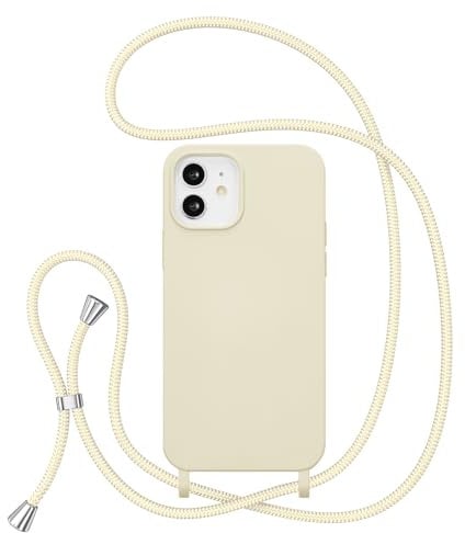 ZTOFERA Crossbody Lanyard Case for iPhone 12/12 Pro, Liquid Silicone Protective Phone Case with Strap Adjustable Neck Cord Necklace Soft Cover, Beige