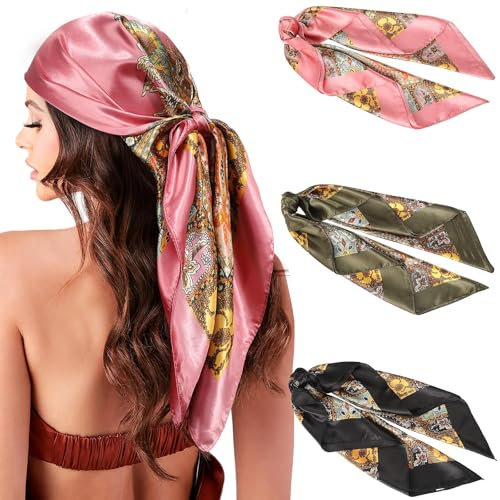GmwyCzV 3 Stück Faux Blume Bandana, Damen Seidentücher, Glatter Seidenschal, Weich Quadratisch Seidenschal, Bandana, Schals, Halstuch, Kopftuch, Decoration Headwear Geschenk für Frauen (90x90cm)