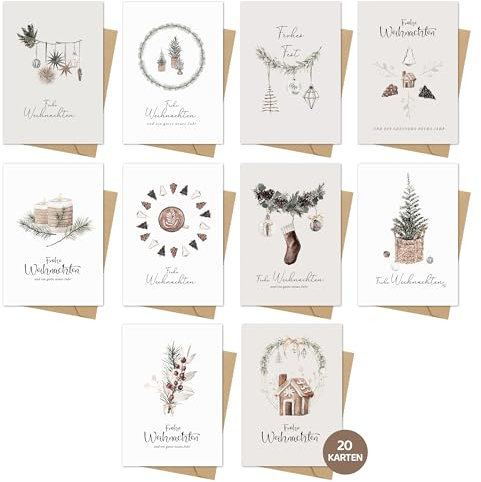 Weihnachtskarten - 20 Weihnachtskarten mit Umschlag Set, A6 Klappkarten Set mit weihnachtlichen Motiven, Frohe Weihnachten Karten, Weihnachtsgrußkarten, kleiner Weihnachtsgruß zu Weihnachten (10 * 2)