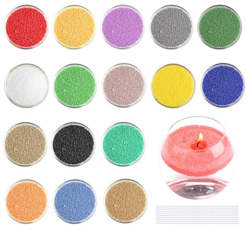 Ovaletta 16 Farben Kerzensand, Kerzensand mit Docht, Kerzensand mit Duft, Kerzen selber Machen Set, Paraffinwachs für Kerzen, mit 16 Dochte, Kerzenwachs zum Gießen, Kerzensand Set (320g)