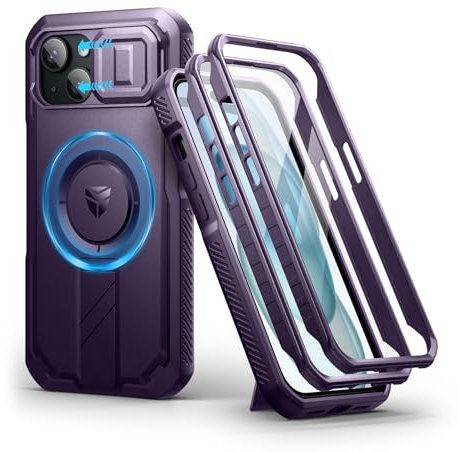 Dexnor Kompatibel mit iPhone 15 Hülle mit Kameraabdeckung Schieben & Einstellbarer Kickstand & Integrierter Displayschutz, Robuste stoßfeste Bumper Heavy Duty Mangetic Schutzhülle - Phantom Lila