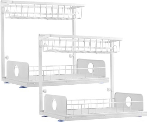 Tanice Organizzatore sotto il lavandino, confezione da 2 mensole a 2 ripiani, organizer scorrevole sotto il lavello della cucina, portaoggetti per bagno e cucina (bianco)