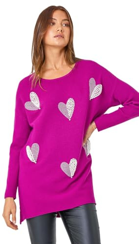 Roman Originals Sparkle Pearl Embellished Heart Jumper for Women UK - Ladies Everyday Autumn Winter Round Neckline Comfy Soft Evening Vacation Work Party Night Out - Magenta - Size 14