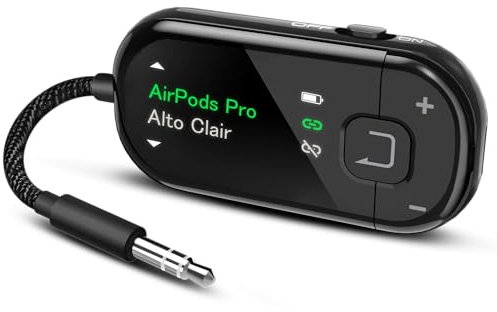 Avantree Voyager - Bluetooth 5.4 Airplane Adapter with OLED Screen for Headphones & AirPods, Qualcomm Chipset, aptX Adaptive, 3.5mm AUX Wireless Audio Transmitter for Travel & Flight - Black