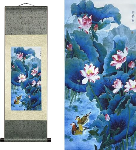 AtfArt Silk Scroll Painting, Asian Wall Decor, Lotus Flower, 36.2x12in | Symbol of Purity, Traditional Chinese Lotus Art Scroll for Living Room, Bedroom, Office Decor