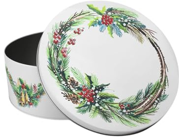 Purely Home Christmas Wreath Small Cake Tin - Festive Foliage Kitchen Bakeware Gifts - Round Metal Storage Container for Baking 18 x 7cm