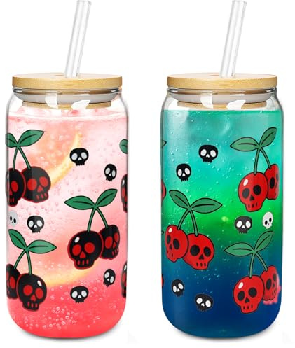 ONEHAUS Vasos de vidrio para Halloween con tapas y popotes, 2 unidades
