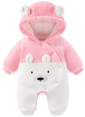 WYTbaby Baby Snowsuit Fleece Romper, Thicken Bear Hooded Jumpsuit For Toddler Girls Boys Infant Outfit 0-3 Months Light Pink