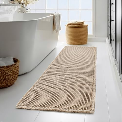 KGORGE Waffel-Badematte, ultraweich, 152,4 x 61 cm lang, Badezimmerteppich mit Quasten, rutschfester Bauernhaus-Bodenbezug, super saugfähig, schnell trocknend, große Teppiche für Badezimmer, Dusche