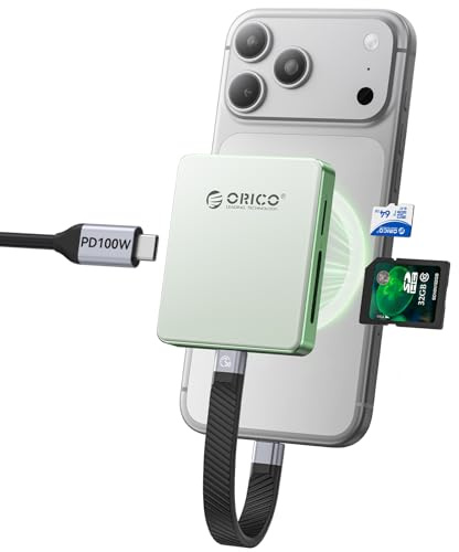 ORICO Magnetischer Kartenleser & M.2 SSD-Gehäuse für iPhone 15/16/17 Pro - 5-in-1 TF/SD 3.0 mit NVMe 2230/2242, 10Gbps USB 3.2 Gen2, PD 100W - Diskless AP42F (Grün)
