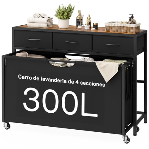 FIONESO Cesto Ropa Sucia 4 Compartimentos, 300 L Cesta Colada con 3 Cajones, Cesto Ropa Sucia con Ruedas & Bolsas Extraíbles, para Lavandería, Baño, Recibidor - 110 x 33,5 x 80 cm