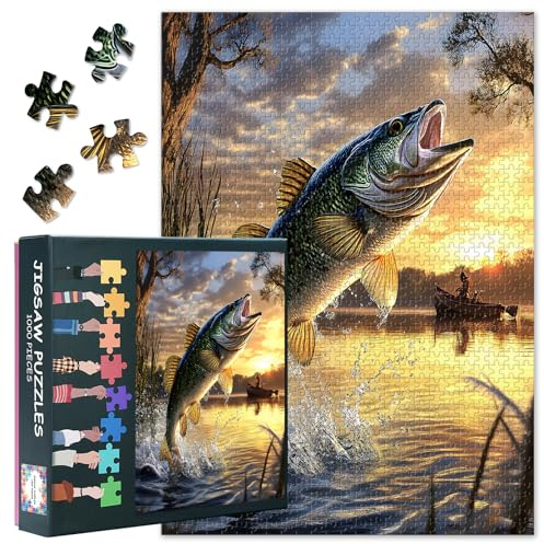 Pike Fishing 1000 Piece Puzzle for Adults, Fishing | 1000-piece jigsaw with poster & lettered backs; for fishing lovers, relaxing hobby, or cabin decor. Size 27.5x19.7 in