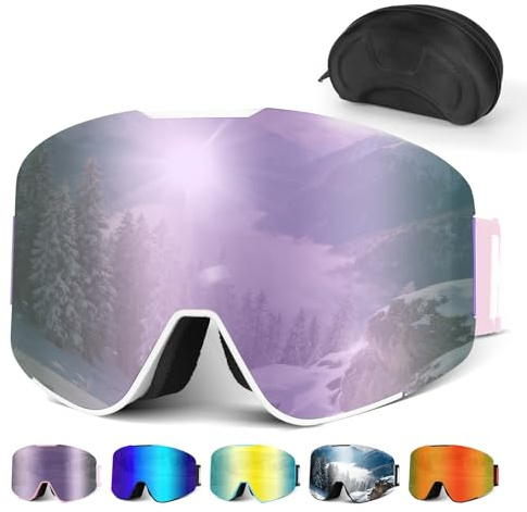 Skibrille mit Photochromer: Skibrille Damen Herren mit Schillerndem Look Beschlagfreie Ski Brille mit UV-Schutz, Skibrillen mit 3-Schicht-Polsterung für Skifahren Snowboard-Aufbewahrungsbox-Geschenk