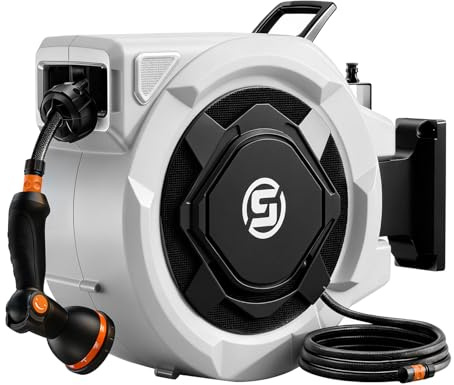 SUNPOW Wall-Mounted Retractable Hose Reel – 30m Heavy-Duty Garden Hose with 13mm Hose Pipe, 10 Spray Patterns, Smooth Auto Rewind & Any-Length Lock, 180° Swivel for Lawn, Garden & Outdoor