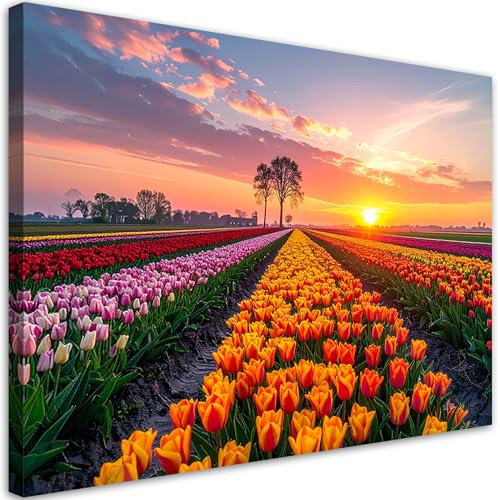 Feeby Leinwand Bilder - Bild Wohnzimmer - Tulpen Blumen Wiese Aussicht - 100x70 1tlg - Deko Schlafzimmer Groß - Dekoration Canvas - Gemälde - Modern Wandbilder - Kunstdruck