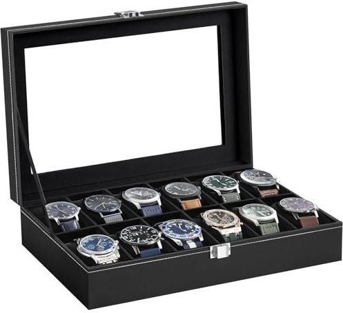 BBLTIFF Uhrenbox, Uhrenkoffer mit Herausnehmbaren Uhrenkissen, Uhrenkasten für 12 Uhren Aus PU-Leder, Uhrenaufbewahrung Uhren Aufbewahrungsbox mit Glasdeckel für Männer und Frauen (Schwarz)