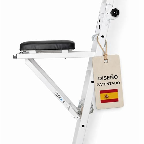 VI- ADANPA Soporte para Escaleras ESCAVI II, Asiento Ergonómico, Plegable con Fijación Segura de 4 Ganchos, Soporta hasta 120 kg, Soporte para Escalera Telescópica, Escalera Aluminio