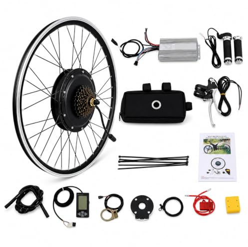 1500W Electric Bike Conversion Kit 26 Inch Rear Wheel, Brushless Hub Motor with LCD Display, PAS Sensor, Controller, Brake Levers, 7 Speed Freewheel, High Torque E-Bike Motor Kit for Road Bicycles