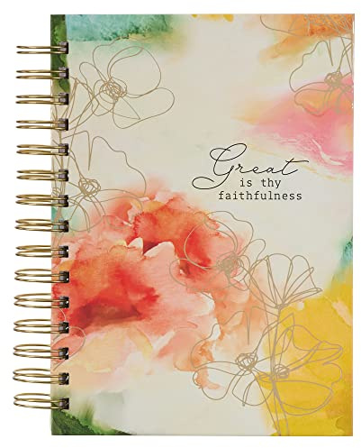 Christian Art Gifts Journal w/Scripture for Women Great is Thy Faithfulness Watercolor Red/Yellow 192 Ruled Pages, Large Hardcover Notebook, Wire Bound