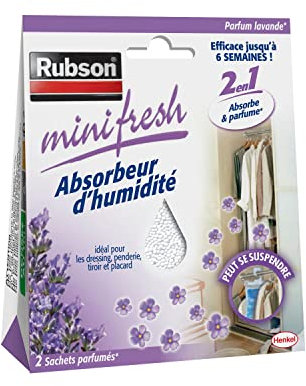 Rubson - Absorbeur d’Humidité Minifresh Parfum Lavande (2 sachets de 50 g) – Déshumidificateur d'air déal pour dressing, penderie, tiroir et placard – Efficace jusqu'à 6 semaines