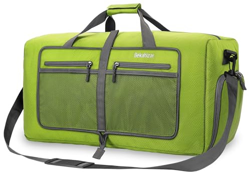 Bekahizar Travel Duffle Bag 60L Lightweight Foldable Holdall Duffels Large Weekend Overnight Bag Packable Carry On Luggage with Shoe Compartment for Men Women Camping Storage Gym Beach (Olive Green)