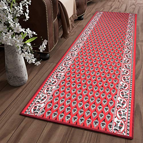 TAPISO Bali Teppich Läufer Flur Brücke Kurzflor Klassisch Floral Ornament Rot Design Korridor Wohnzimmer Schlafzimmer ÖKOTEX 100 x 690 cm