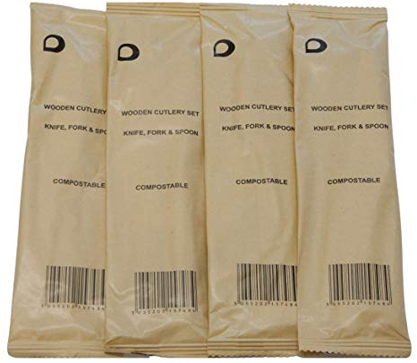 Individual Wrapped Wooden Compostable Cutlery Set's - Pack of 40 Individually Wrapped Wooden Spoon, Fork and Knife Cutlery Set