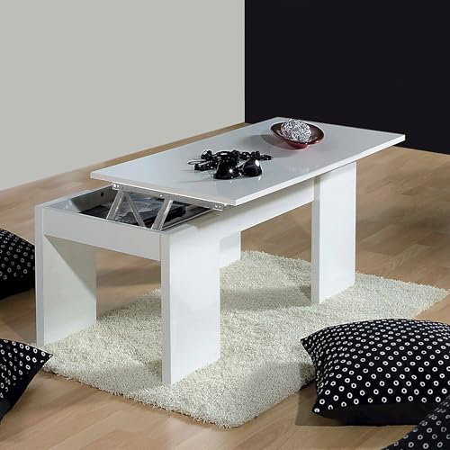 Dmora - Table basse Malibu, Table basse avec plateau relevable, Table basse de salon, 100x50h43/84 cm, Blanc brillant